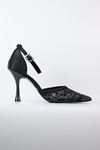 Koçyiğitler - 0009 Siyah Bilekten Bağlı Fileli Kadın Topuklu Ayakkabı