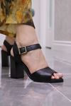 Mammamia - 1830 Siyah Hakiki Deri Topuklu Kadın Sandalet