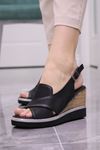 Mammamia - 1430 Siyah Hakiki Deri Dolgu Topuk Kadın Sandalet
